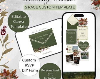 Olive Green Wedding Website Template, Canva Wedding Website, RSVP Wedding Website, Sage Green Wedding Invite, Sage Green Floral Design