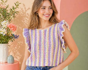 Summer Roll Up Crochet Top Pattern PDF, Easy Ruffle Sleeve Crochet Blouse, Pastel Striped Tank Top for Women, Instant Download