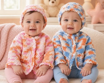 Baby Cardigan and Hat Crochet Pattern, Twin Sweater Set Pattern, Intermediate Baby Jacket and Cap Set, Matching Baby Outfit Instant Download