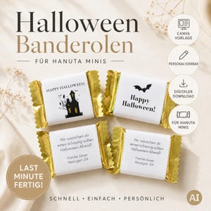 Könnte beinhalten: Vier rechteckige Süßigkeiten-Banderolen mit goldfarbenen, gezackten Rändern. Die weißen Etiketten zeigen schwarze Schriftzüge und Grafiken, darunter ein Spukhaus, eine Fledermaus sowie die Texte Happy Halloween und Wir wünschen dir einen schaurig-süßen Halloween-Abend.