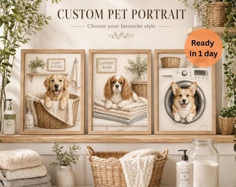 Custom Pet Portrait Laundry Room Wall Art,  Personalized Dog Print from Photo, Funny Pet Art Bathroom Decor, Birthday Gift for Cat Lover