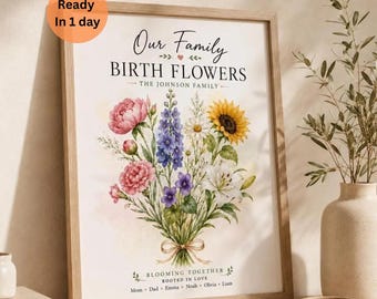 Ramo familiar de flores de nacimiento del jardín de la abuela, estampado, regalo para el Día de la Madre, flor personalizada del mes de nacimiento, regalo personalizado de cumpleaños para mamá (digital).