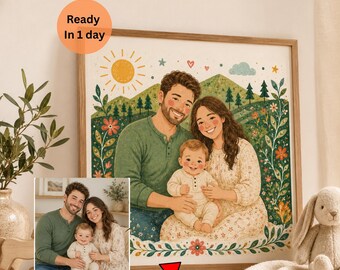 Custom Family Portrait Illustration, Cute Portrait, Personalized Cartoon Like Drawing From Photo, Memorial Gift for Mom, Gift for her