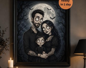 May include: A framed digital illustration of a family of three with large eyes and dark hair, set against a full moon and bare trees. The father has a beard and tattoos, the mother has long dark hair, and a young child stands between them.