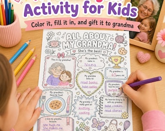Página para colorear imprimible "Todo sobre mi abuela", Día de la Madre, Actividad para el Día de los Abuelos, Regalo para la abuela (Descarga digital)