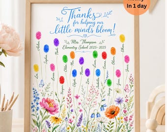 Regalo personalizado de fin de año para profesores de parte de la clase, arte floral con huellas dactilares, regalo personalizado de agradecimiento para profesores de parte de los alumnos (descarga digital)