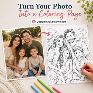 Personalized printable coloring sheet made from your photo, perfect for kids, grandparents, best friends, families, and creative digital gift ideas.