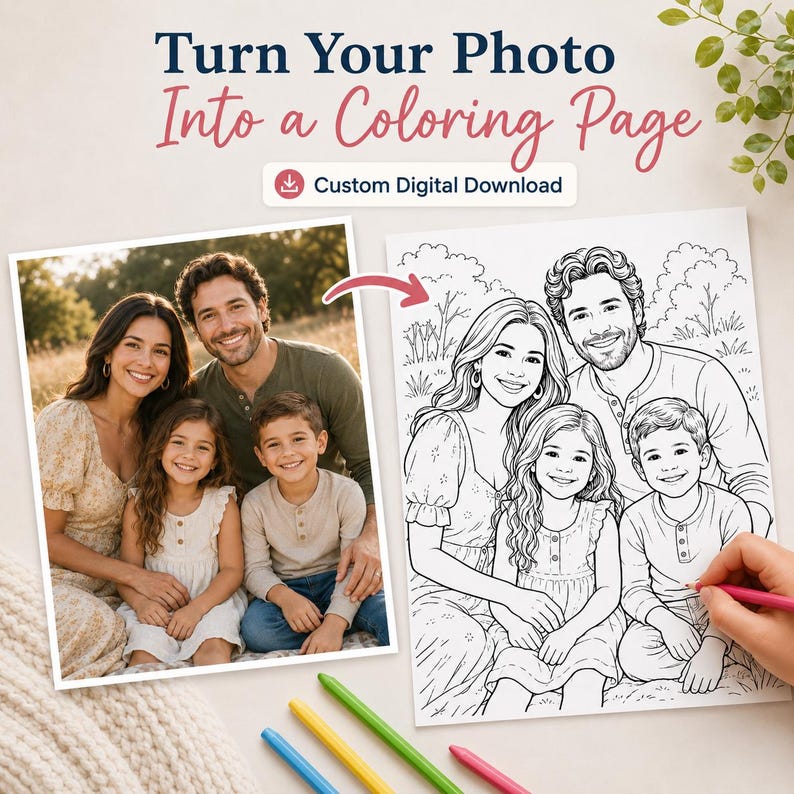 Personalized printable coloring sheet made from your photo, perfect for kids, grandparents, best friends, families, and creative digital gift ideas.