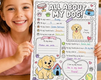 Hoja de trabajo imprimible "Todo sobre mi perro", cuestionario para mascotas para niños, actividad para amantes de los perros, página para colorear, regalo imprimible de recuerdo, páginas sobre mascotas