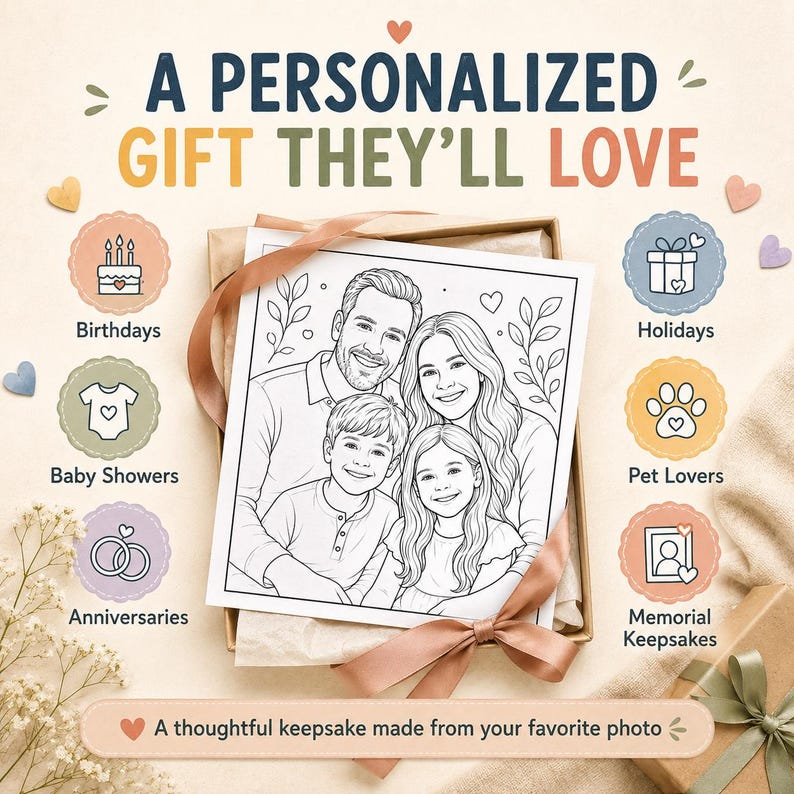 Custom photo to coloring page digital artwork designed for kids activities, party favors, birthday gifts, and unique family memories.
