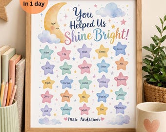 Estampado de estrellas con nombres de alumnos, regalo personalizado para profesores de parte de la clase, regalo de fin de curso para profesores, regalo personalizado de agradecimiento para profesores "Ayudándonos a brillar"