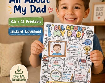 Hoja de trabajo imprimible "Todo sobre mi papá", actividad para niños del Día del Padre, cuestionario "Todo sobre papá", página para colorear de papá, regalo de recuerdo imprimible