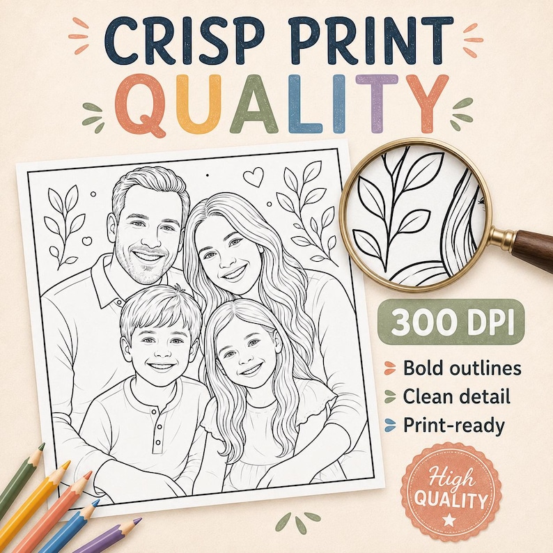 Personalized coloring book page from photo featuring clean line art style, ideal for pet lovers, couples, families, and custom digital gifts.