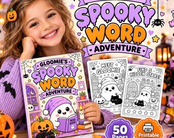 Kolorowanka z uroczym duchem z Halloween do druku, 50-stronicowa książka z zadaniami dla dzieci i dorosłych, upiorne jesienne kolorowanki (do natychmiastowego pobrania)