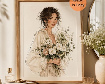 Aangepast portret van foto, aangepaste mode-illustratie muurkunst, portret aquarel meisje, gepersonaliseerd vrijgezellenverjaardagscadeau digitaal