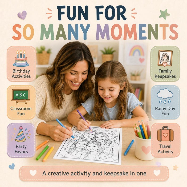 Digital line art coloring page created from a personal photo, designed for printable activities, family keepsakes, and thoughtful last-minute gifts.