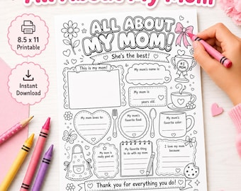 Todo sobre mi mamá (imprimible) / Hoja de actividades para colorear del Día de la Madre / Regalo de recuerdo para el cumpleaños de mamá / Cuestionario para mamá - Descarga digital