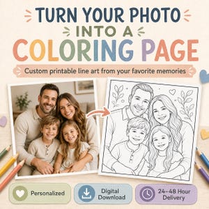 Custom coloring page from photo featuring a personalized line art portrait, perfect for printable gifts, family keepsakes, and creative coloring activities.