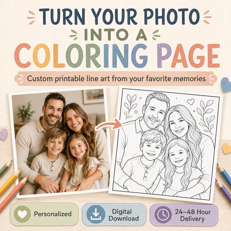 Custom coloring page from photo featuring a personalized line art portrait, perfect for printable gifts, family keepsakes, and creative coloring activities.