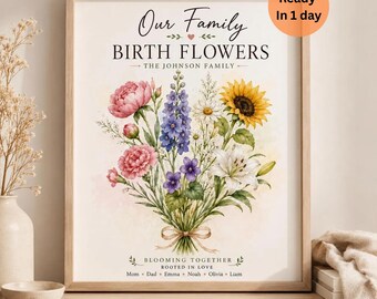 Ramo de flores de nacimiento personalizado / Flores familiares en acuarela / Arte familiar / Regalo para mamás, abuelas, madres, descarga digital