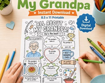 Todo sobre mi abuelo / Página de actividades para el Día del Padre y el Día de los Abuelos / Regalo para el abuelo (Recuerdo) / Regalos para abuelos (Descarga digital)
