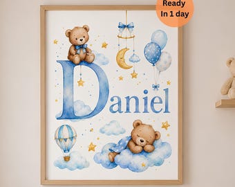 Lámina personalizada con el nombre de un niño, decoración de pared para la habitación del bebé con osito de peluche, regalo personalizado para recién nacido, decoración azul para la habitación del bebé (descarga digital).