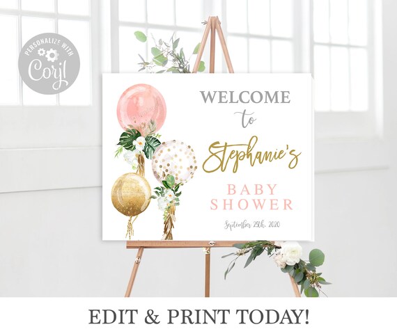 Balloons Baby Shower Welcome Sign girl, blush pink and gold, editable instant download welcome sign Il_570xn