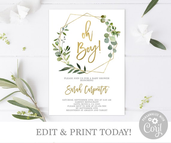 Oh Boy greenery and gold baby shower invitation, greenery wreath editable invitation, geometric frame invite instant download, eucalyptus Il_570xn