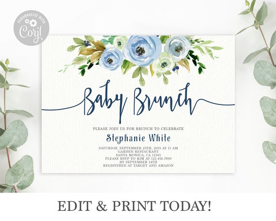 Dusty blue baby shower invitation, Brunch for baby invitation, boy, floral, blue, indigo, editable baby shower invite, Corjl invitation Il_570xn