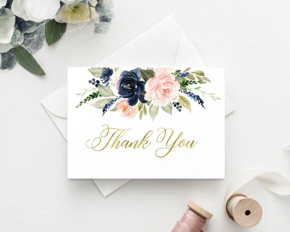 Floral thank you cards, blush and navy cards, boho chic thank you card, instant download, floral navy and blush pink Il_570xn