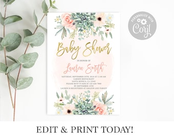 Succulent baby shower invitation girl, floral pink, Corjl invite, instant download