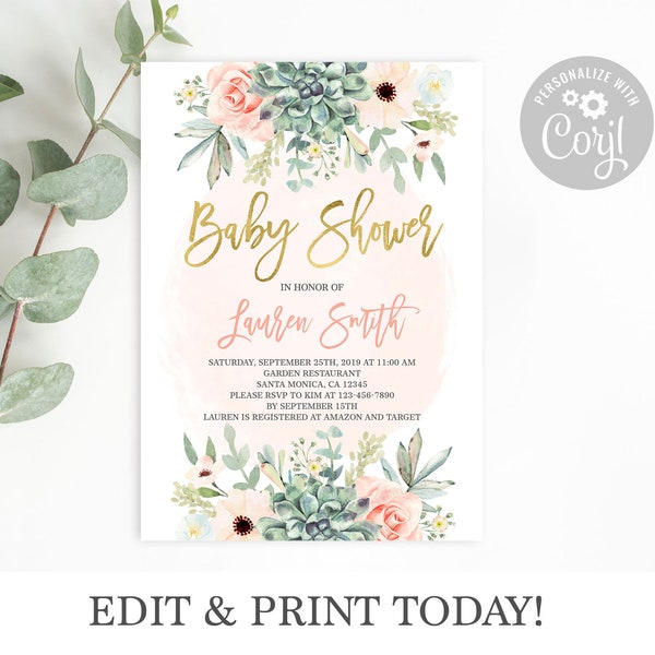 Succulent baby shower invitation girl, floral pink, Corjl invite, instant download