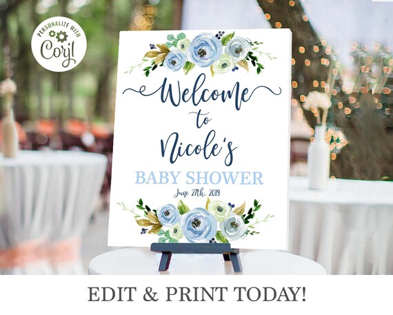 Baby Shower boy welcome sign, floral baby shower welcome sign, floral boy Baby Shower Customized Sign, Rustic, editable instant download BL1 Il_570xn