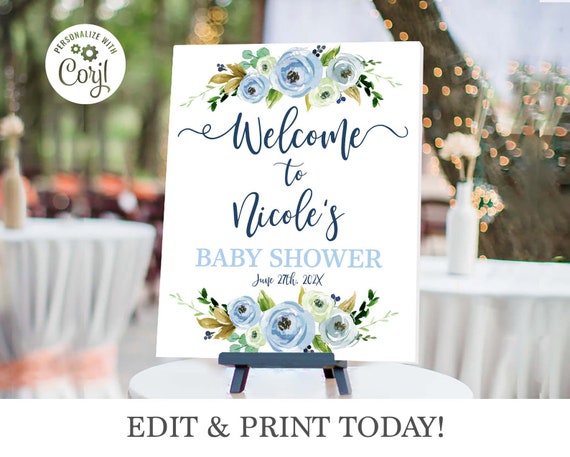 Baby Shower boy welcome sign, floral baby shower welcome sign, floral boy Baby Shower Customized Sign, Rustic, editable instant download BL1 Il_570xn