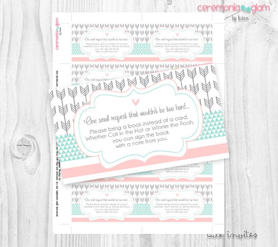 Baby Shower bring a book card Printable chevron coral mint and grey arrow, geometric Il_570xn