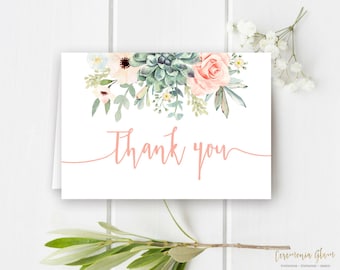 Succulents, thank you card, floral cactus card, instant download card, thank you card template