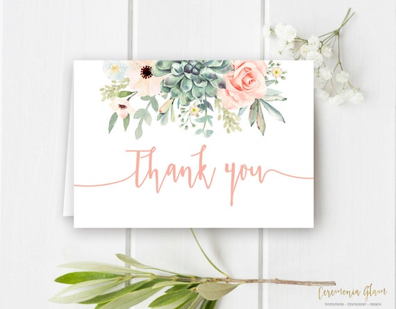 Succulents, thank you card, floral cactus card, instant download card, thank you card template Il_570xn
