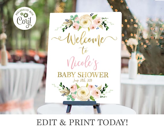 Blush Baby Shower Sign Pink and Gold Instant Download Its a Girl Baby Shower Sign Floral Baby Shower Welcome Sign