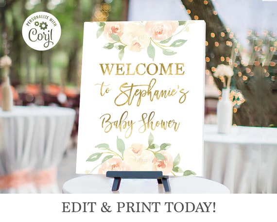 Editable Baby Shower Welcome Sign, instant download girl sign, blush and gold, greenery shower sign D7 Il_570xn