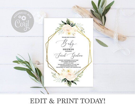 Geometric frame baby shower invitation girl, boho floral baby shower girl invite, greenery invitation, blush pink, editable instant download Il_570xn
