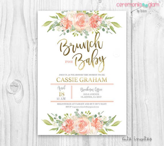 Floral Baby Shower Brunch Invitation Girl Peach And Gold Invite By