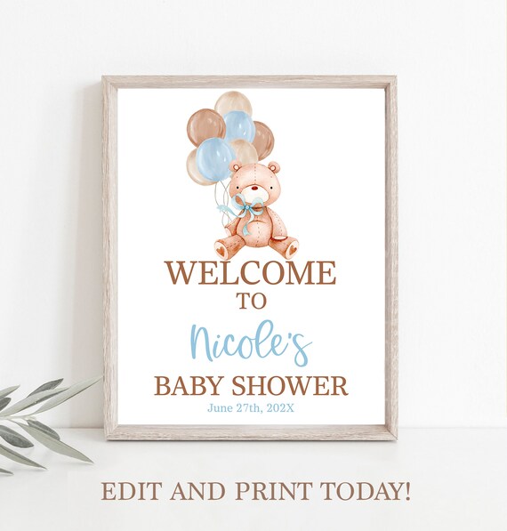 Bear baby shower boy welcome sign, blue bear and balloons welcome sign, editable welcome sign Il_570xn