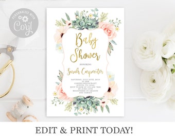 Succulents baby shower invitation girl, floral coral peach boho invite, editable instant download Corjl invitation