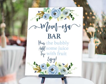 Mom-osa bar sign, baby shower boy mom-osa sign, Blue Floral Baby Shower mimosa Sign, Boy, Rustic mom-osa sign, blue floral sign BL1