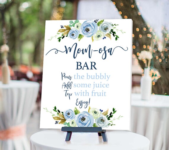 Mom-osa bar sign, baby shower boy mom-osa sign, Blue Floral Baby Shower mimosa Sign, Boy, Rustic mom-osa sign, blue floral sign BL1 Il_570xn