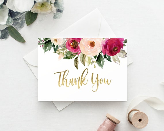 Floral thank you cards, blush pink cards, boho chic thank you card, instant download, floral burgundy and blush, rustic thank you card Il_570xn