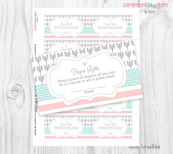 Baby Shower diaper raffle card Printable chevron coral mint and grey arrow, geometric Il_570xn