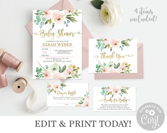 Editable Baby Shower invitation, blush pink floral baby girl invitation download Il_570xn