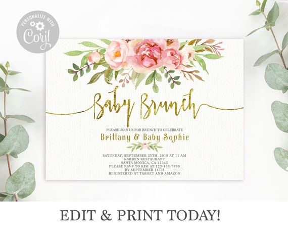 Baby Shower brunch Invitation girl instant download editable template floral pink and gold Corjl invitation - CG-B8 Il_570xn