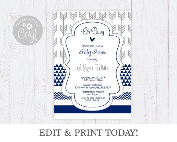 Baby shower boy navy blue and grey arrow, chevron, geometric printable invitation aztec inspiration grey arrows tribal inspired, editable Il_570xn